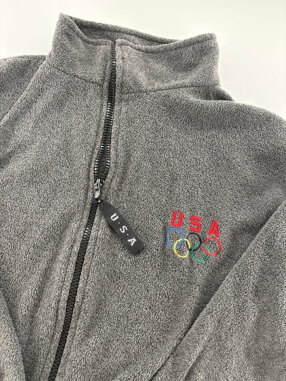 USA Olympic Rings Fleece Full Zip Jacket Men's L Grey Made in USA